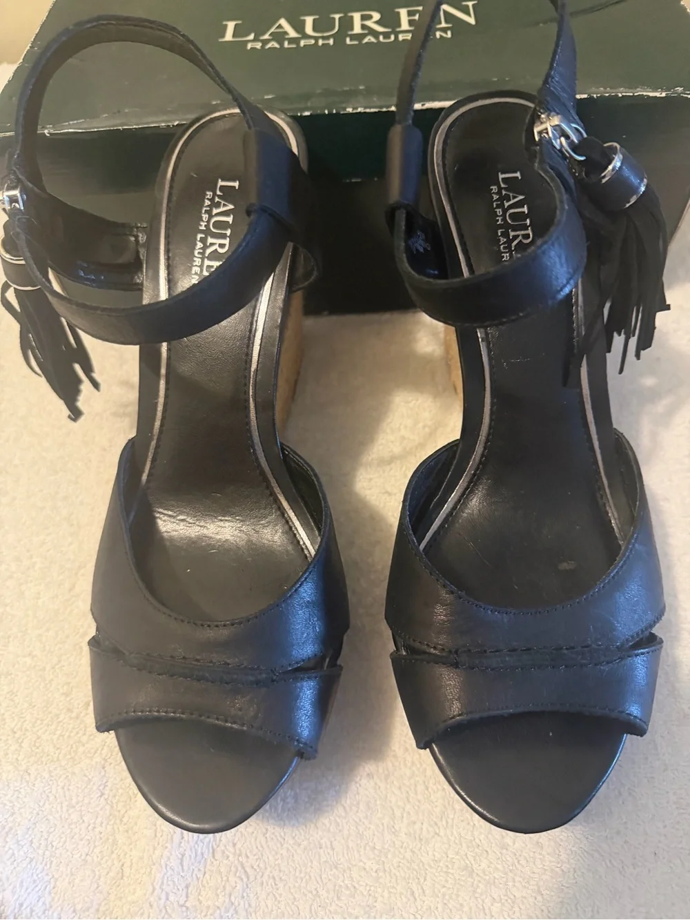 Lauren Ralph Lauren Black Leather Tassel Wedge Sandals